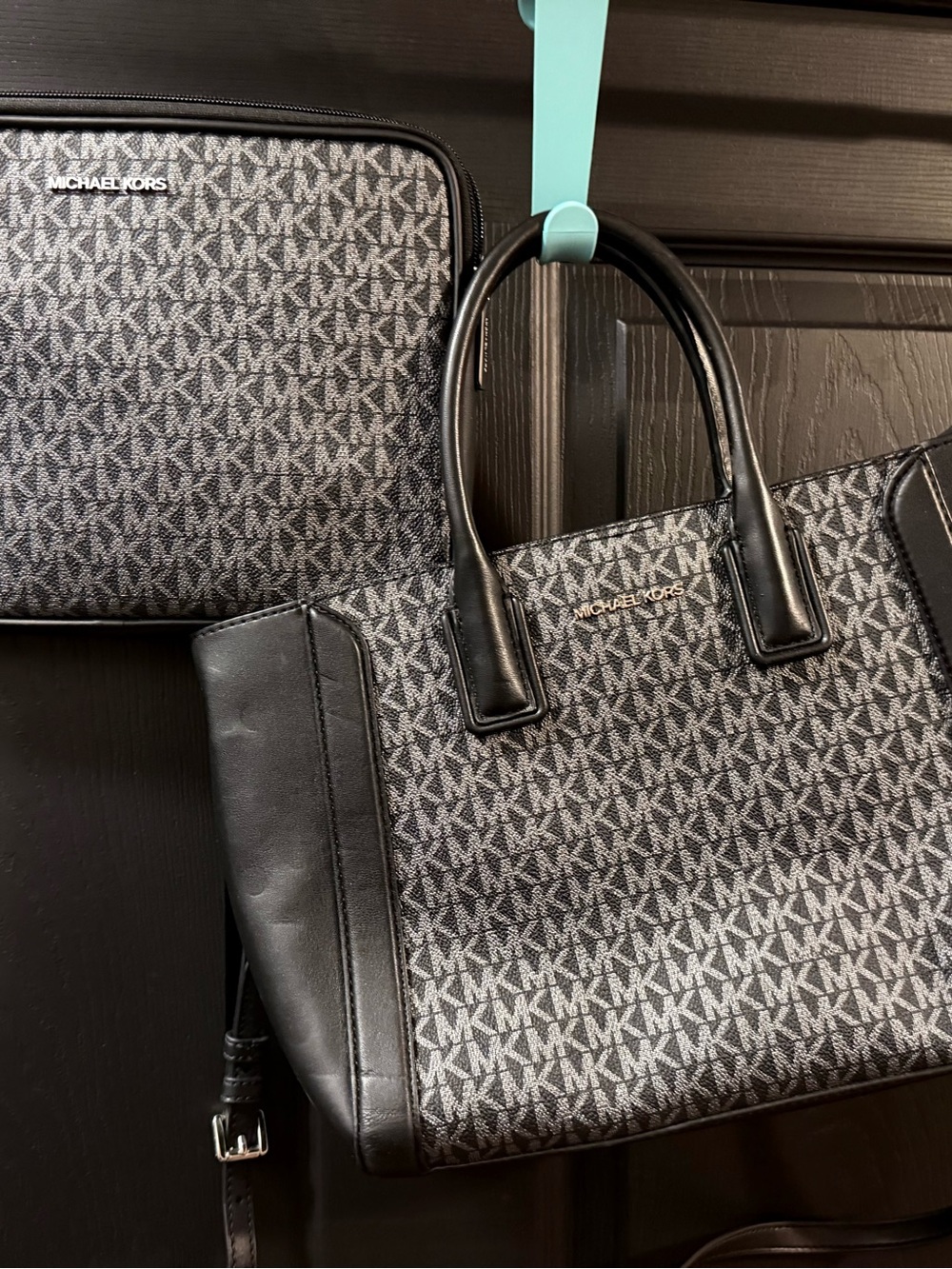 Michael Kors Black and Gray MK Logo Tote with Matching ipad case